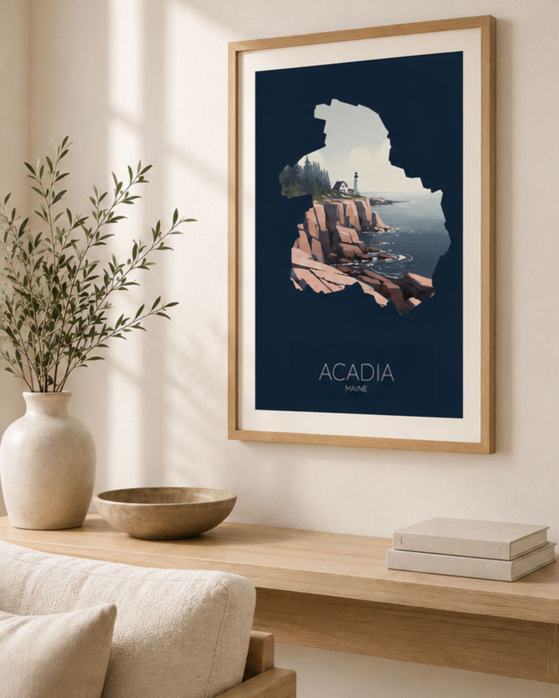 Acadia National Park artwork displayed as framed wall art in a light coastal home interior