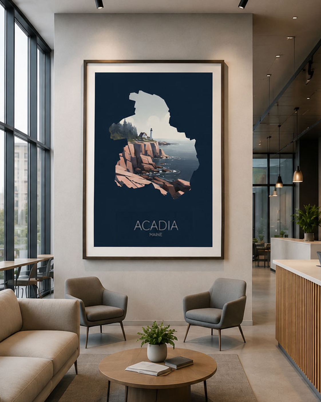 Acadia National Park artwork displayed as a large framed print in a modern office or lobby interior