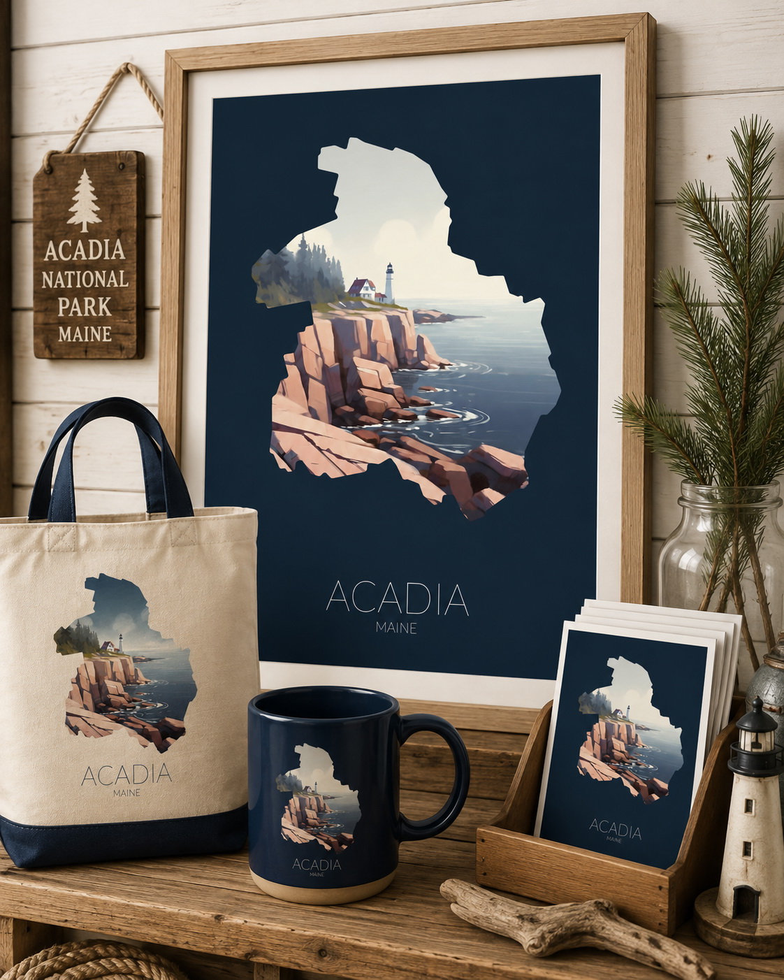 Acadia National Park artwork featured on merchandise including framed art, tote bag, mug and postcards