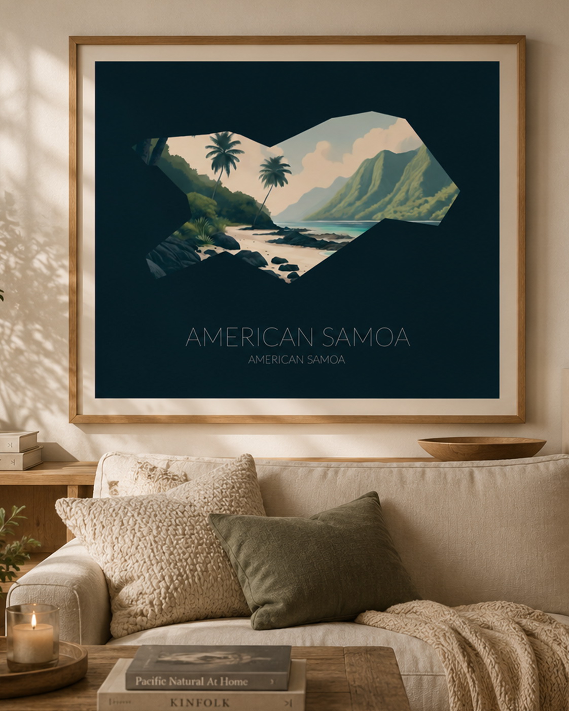 American Samoa National Park artwork displayed as framed wall art in a calm tropical-inspired home interior