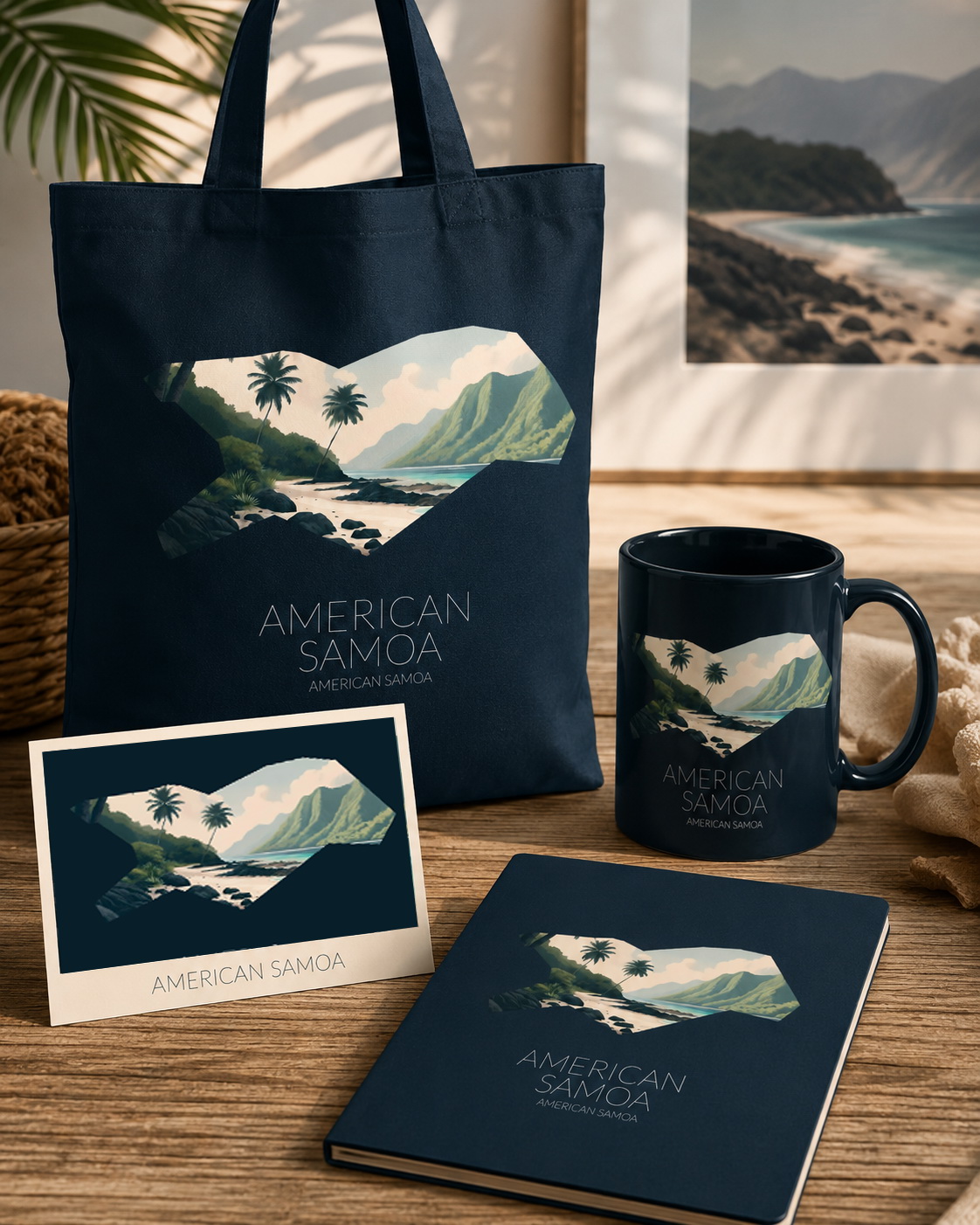 American Samoa National Park artwork featured on merchandise including tote bag, mug, postcard and notebook