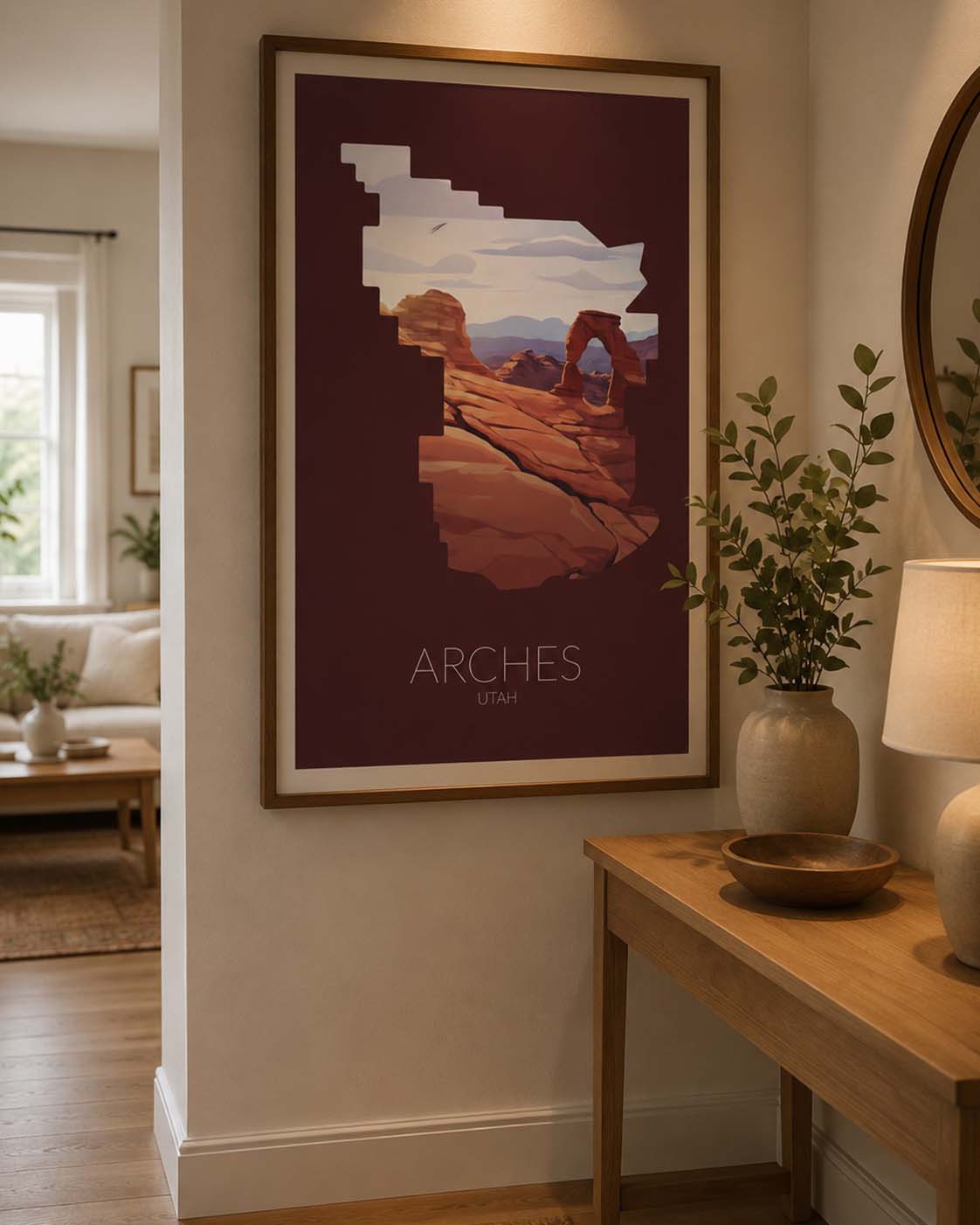 Arches National Park artwork displayed as framed wall art in a warm neutral home interior