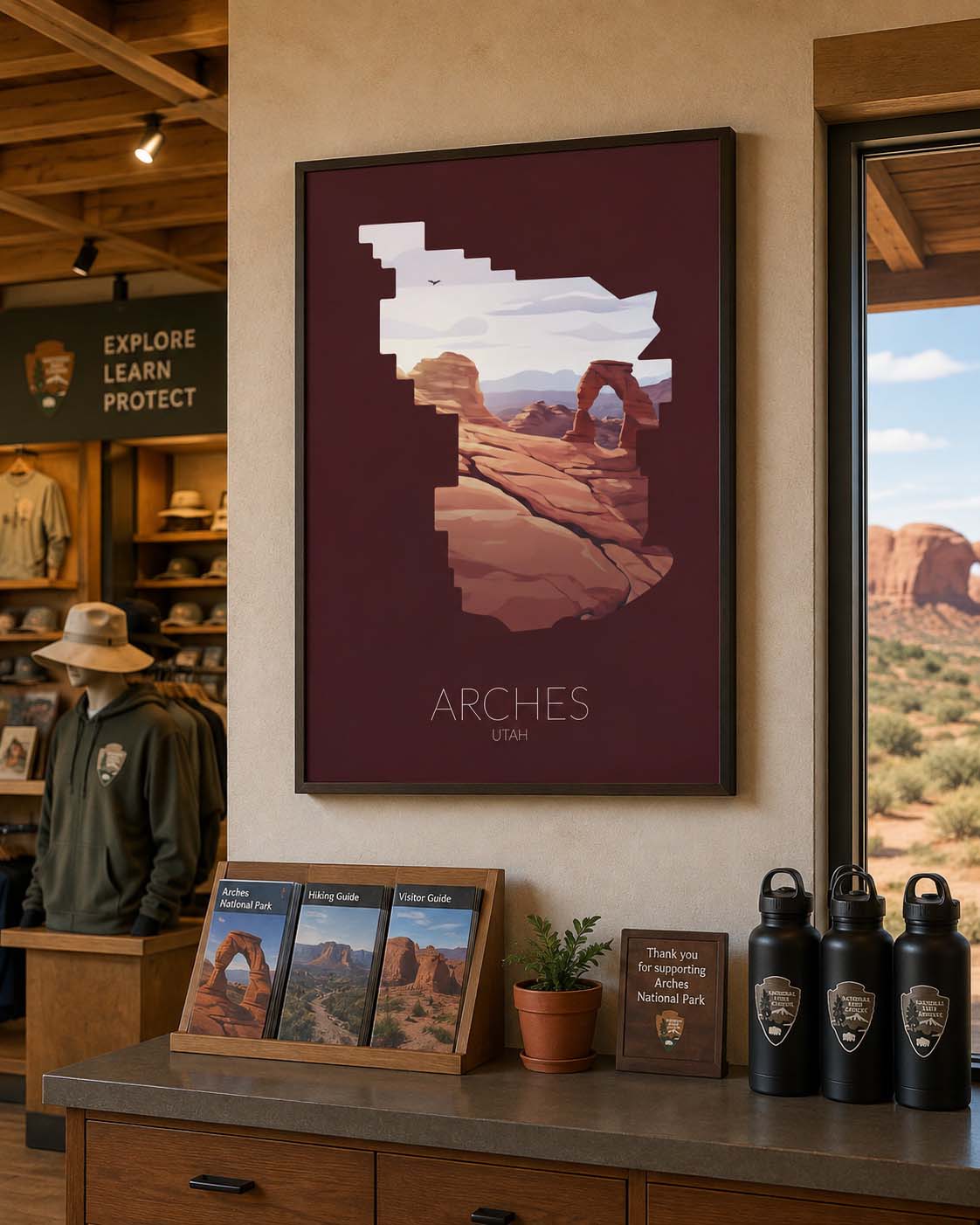 Arches National Park artwork displayed in a visitor center or national park retail interior
