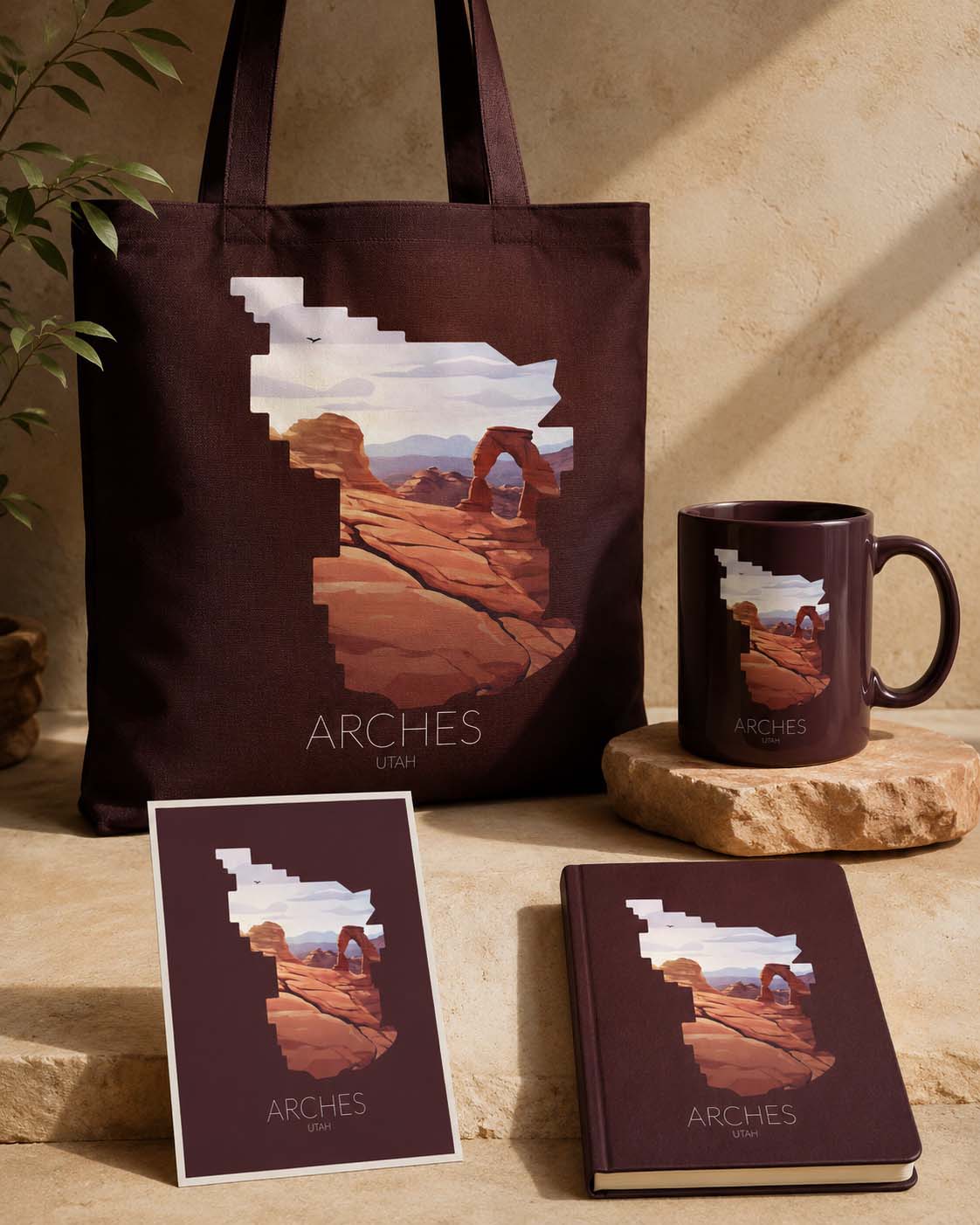 Arches National Park artwork featured on tote bag, mug, postcard and notebook merchandise