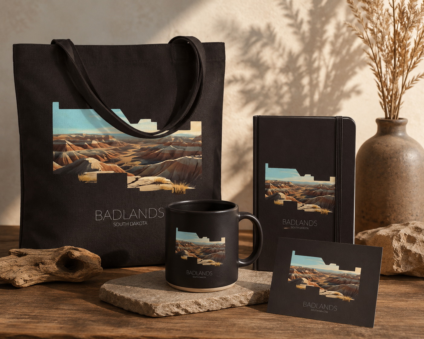 Badlands National Park artwork featured on tote bag, mug, postcard and notebook merchandise
