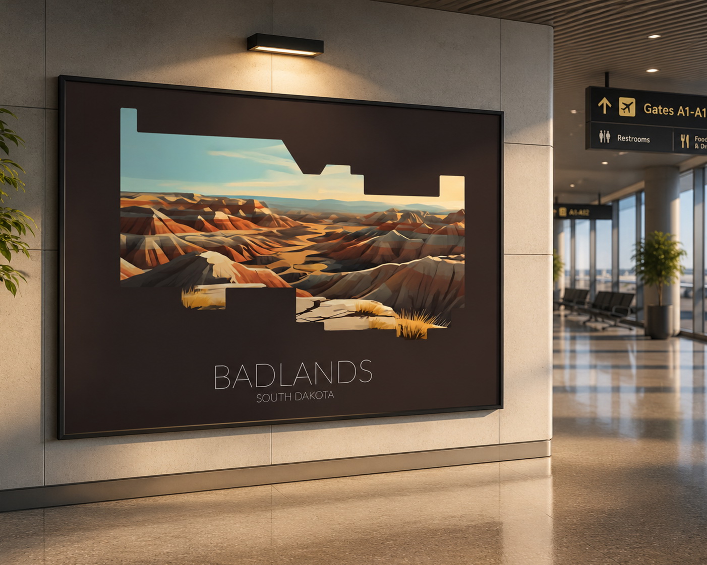 Badlands National Park artwork displayed as a large framed feature in an airport terminal interior