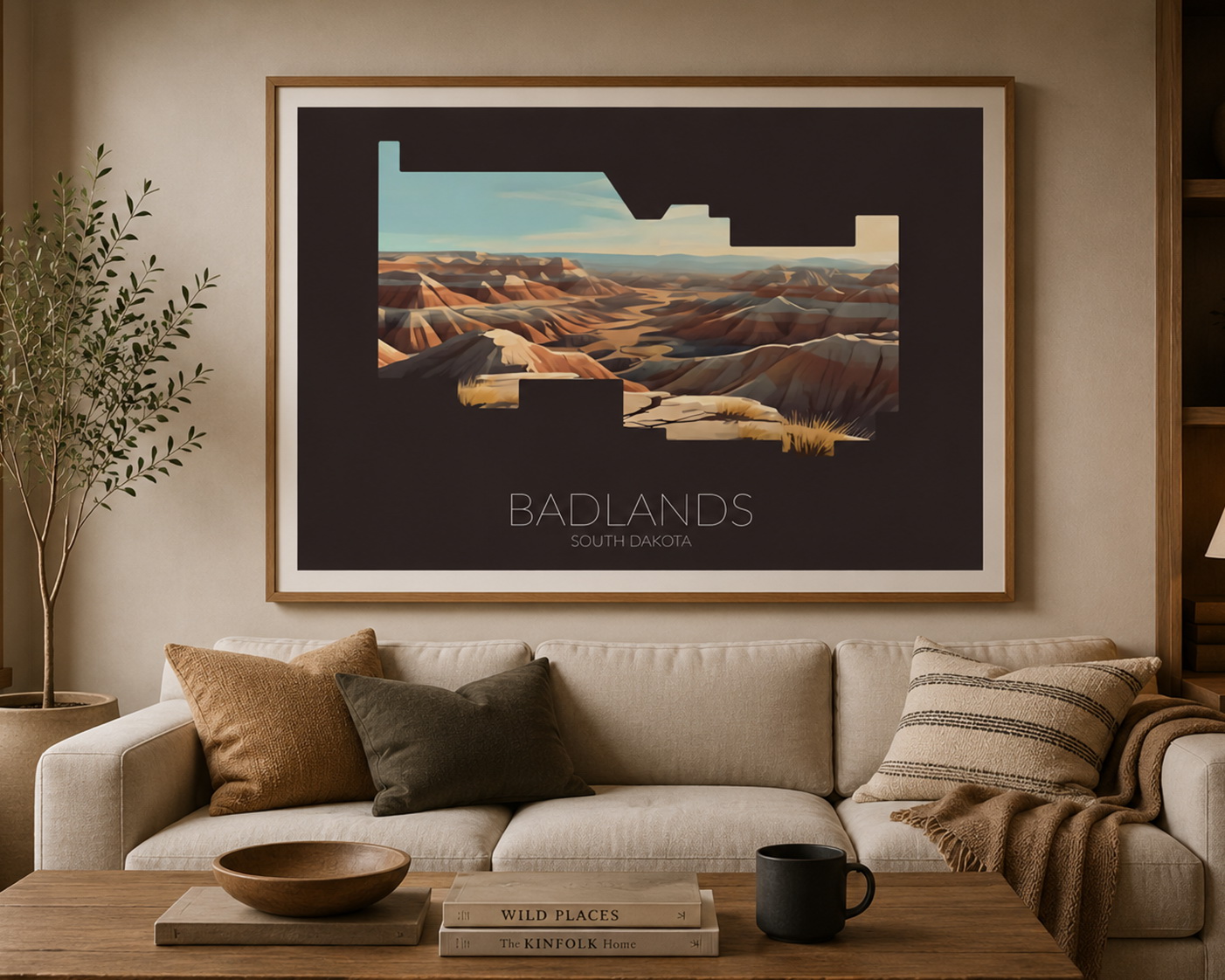 Badlands National Park artwork displayed as framed wall art in a warm neutral home interior