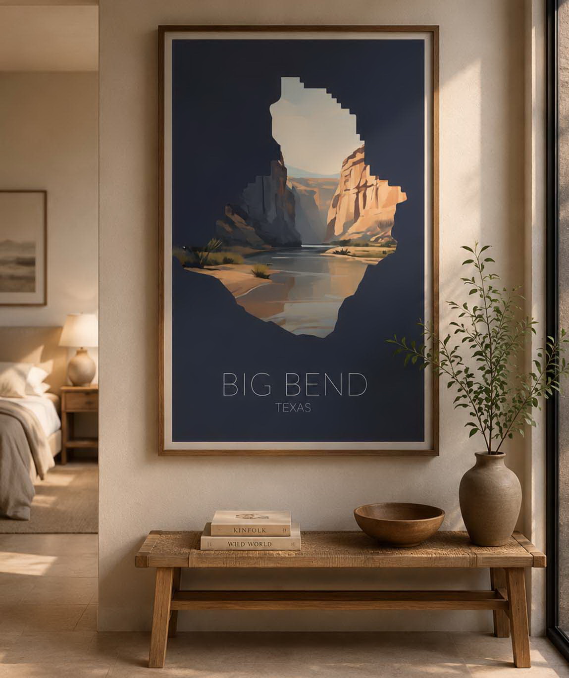 Big Bend National Park artwork displayed as framed wall art in a warm Southwestern home interior