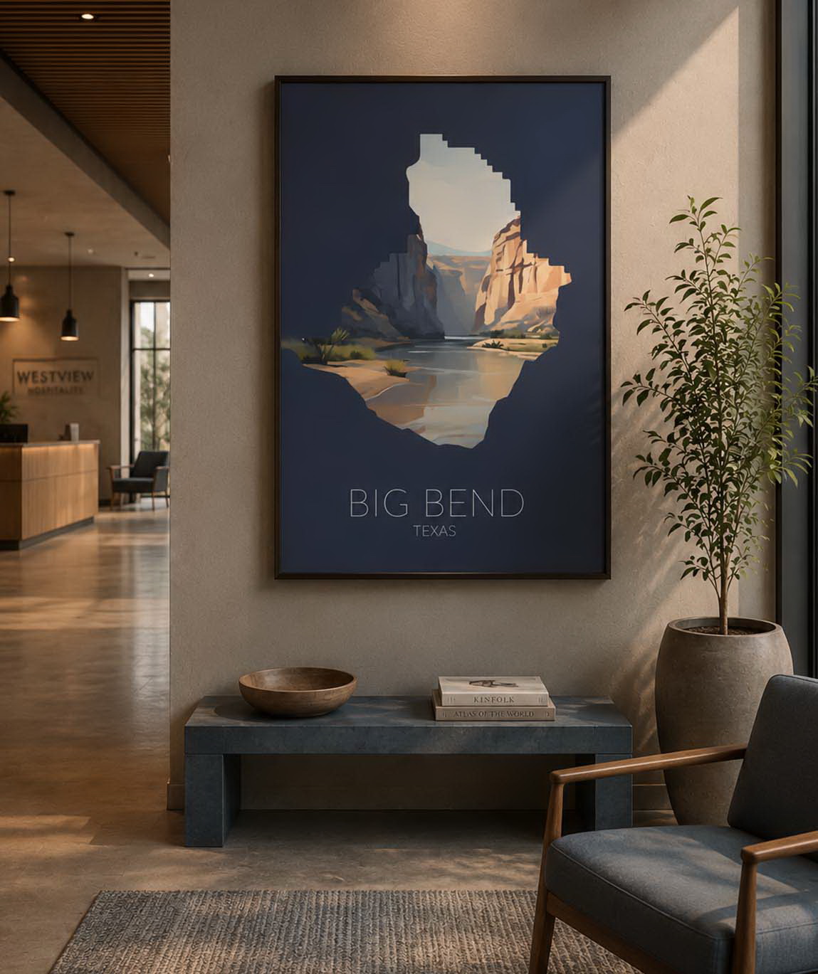 Big Bend National Park artwork displayed as a framed feature in a modern hospitality or office interior
