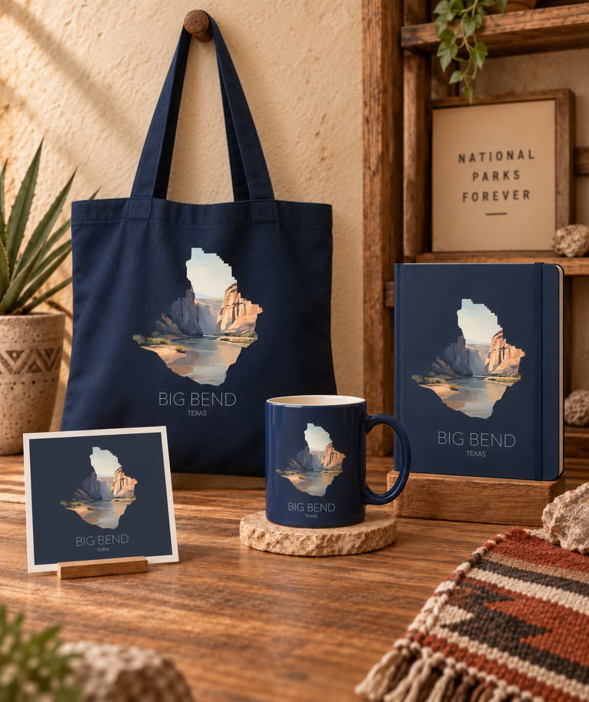 Big Bend National Park artwork featured on tote bag, mug, postcard and notebook merchandise