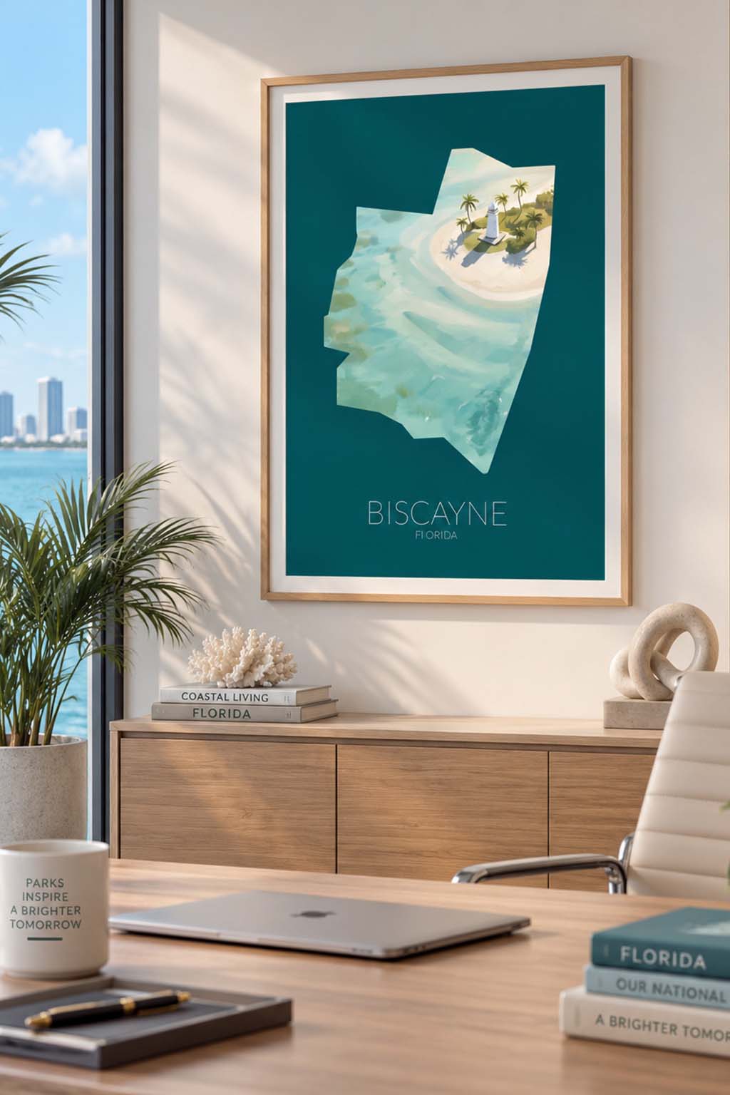 Biscayne National Park artwork displayed as framed wall art in a modern Florida office interior