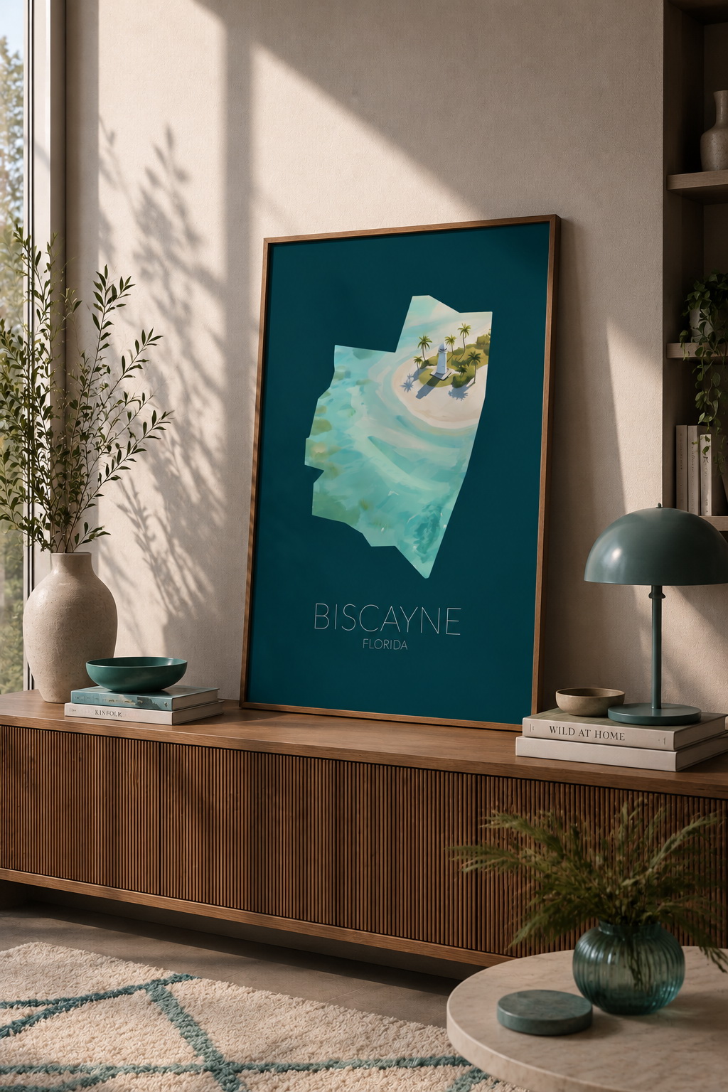 Biscayne National Park artwork displayed as framed coastal wall art in a bright modern home interior
