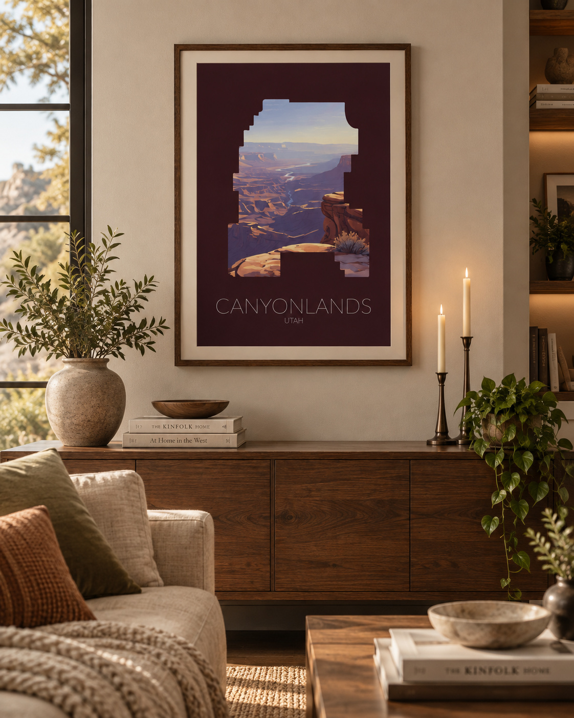 Canyonlands National Park artwork displayed as framed wall art in a home interior