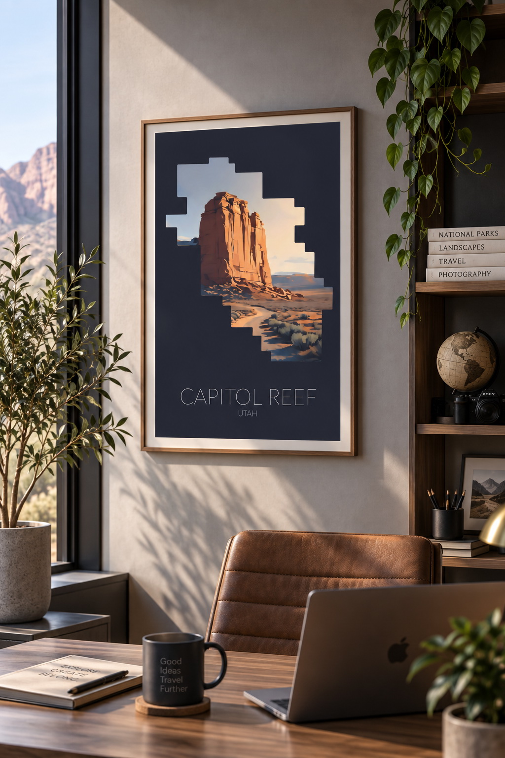 Capitol Reef National Park artwork displayed as framed wall art in a home interior