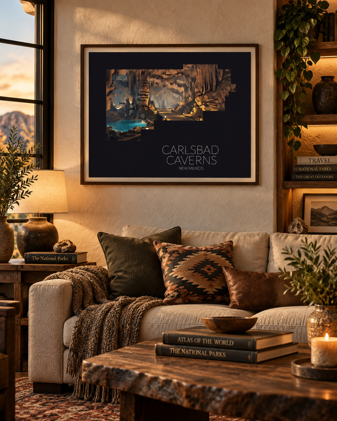 Carlsbad Caverns National Park artwork displayed as framed wall art in a home interior