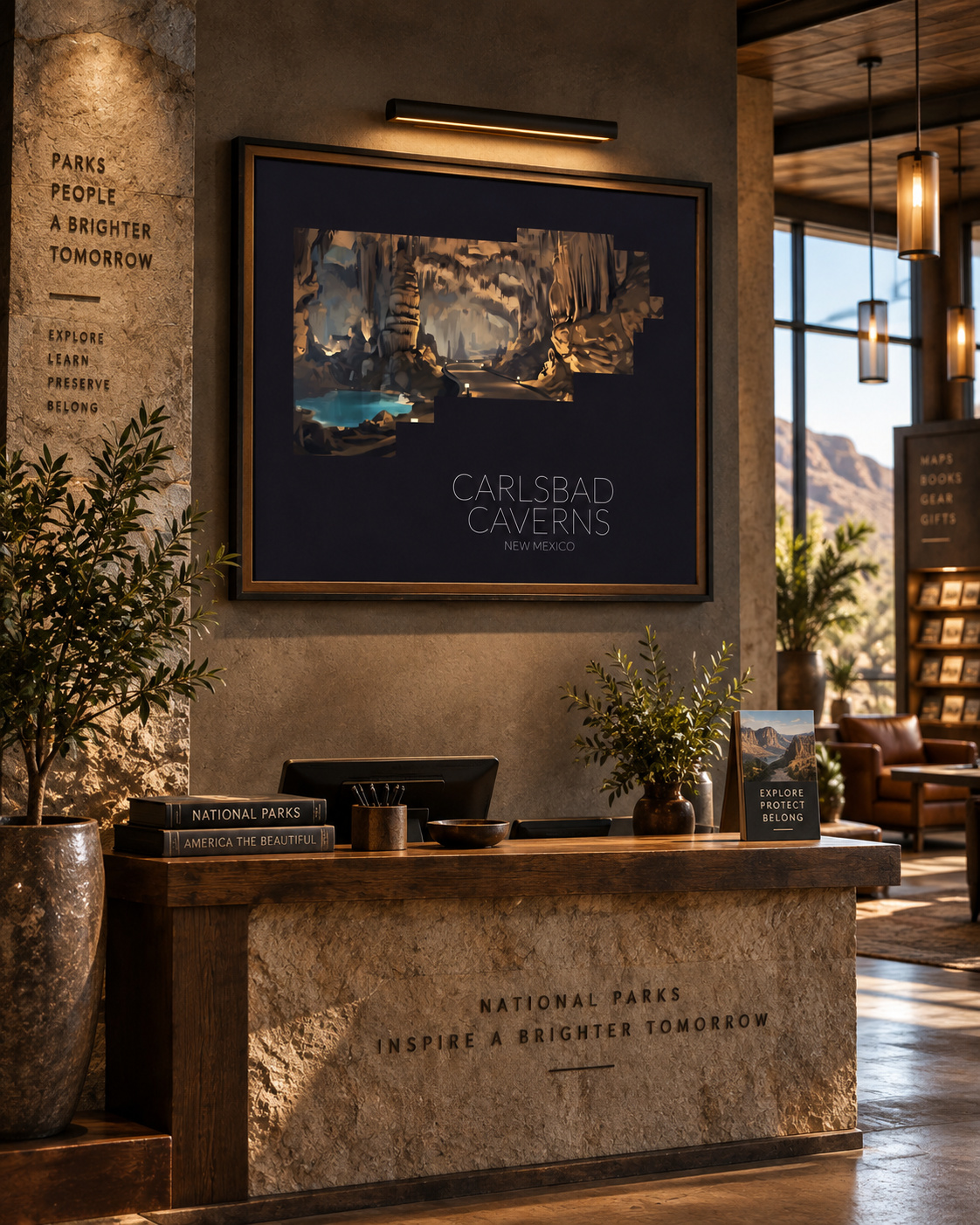 Carlsbad Caverns National Park artwork displayed in a commercial interior