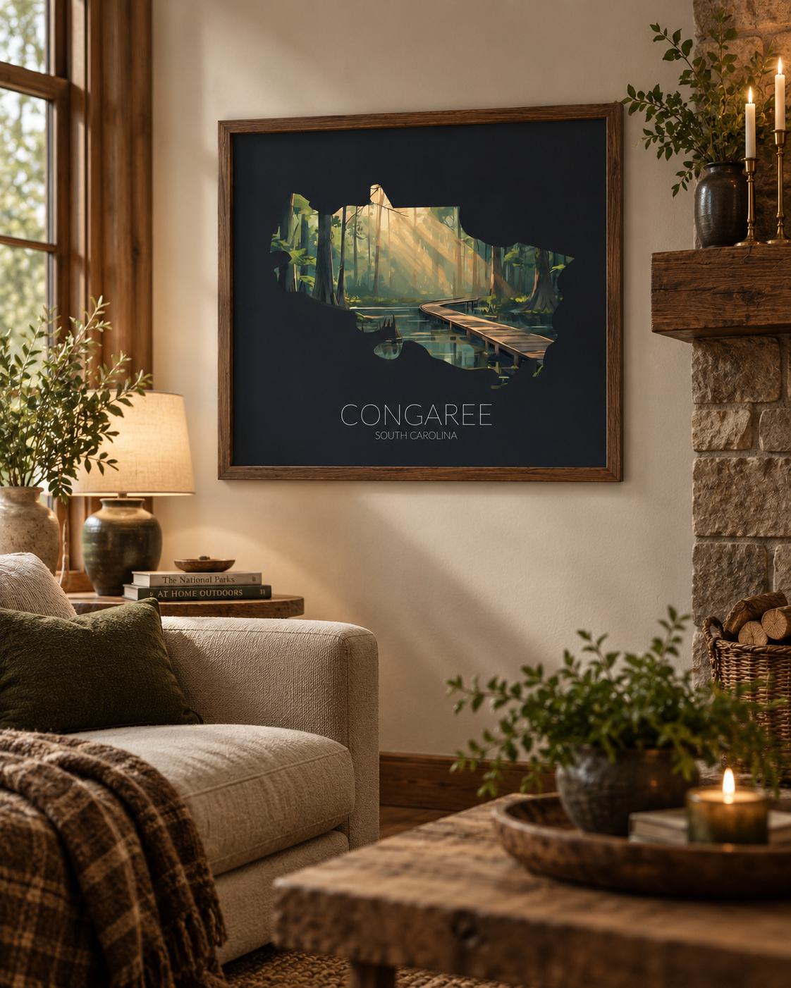 Congaree National Park artwork displayed as framed wall art in a home interior