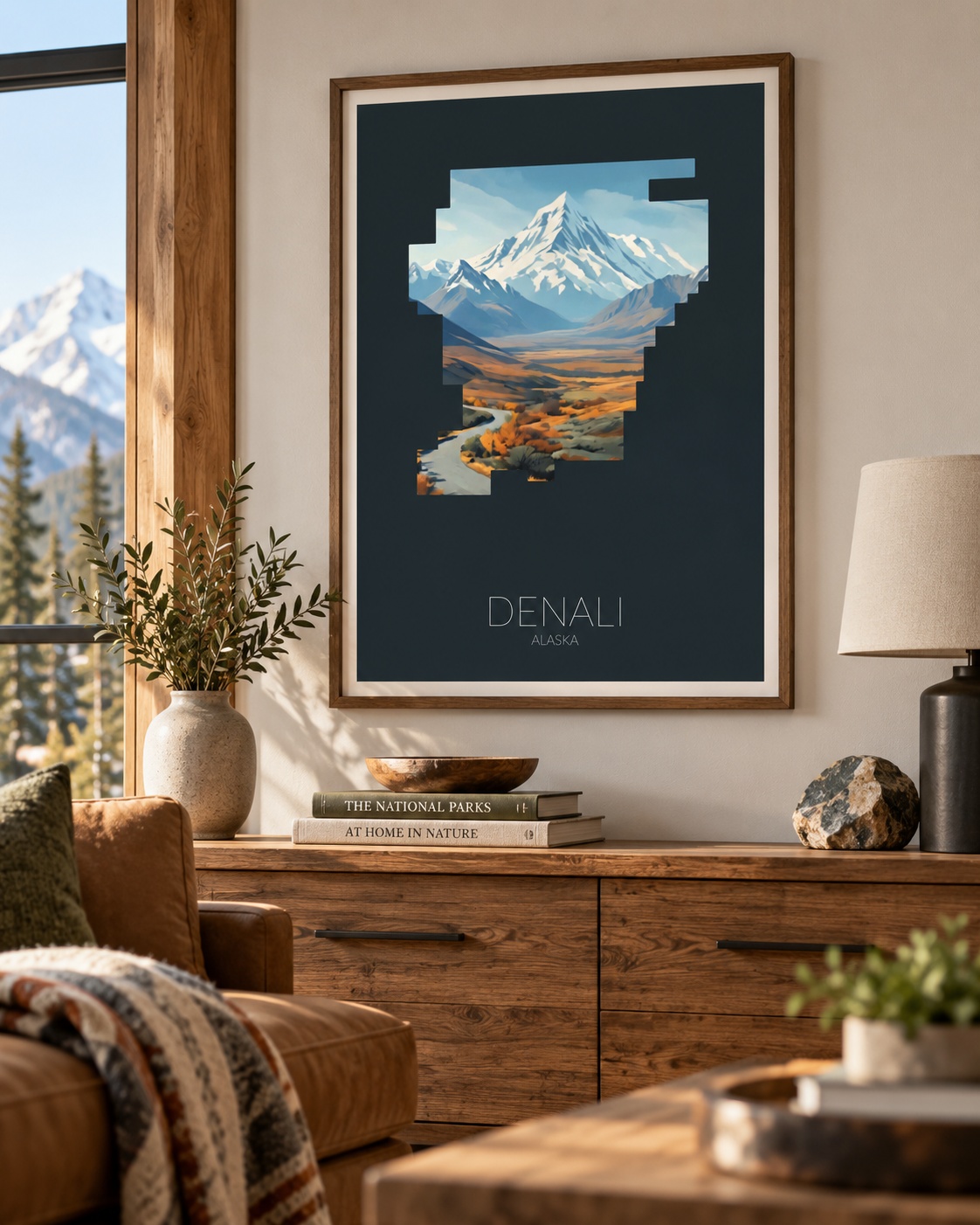 Denali National Park artwork displayed as framed wall art in a home interior