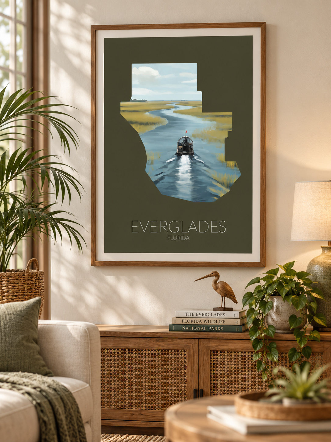 Everglades National Park artwork displayed as framed wall art in a home interior
