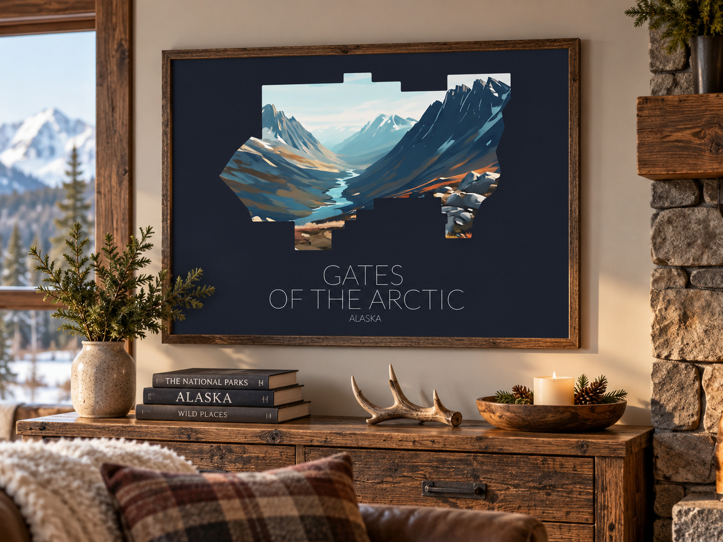 Gates of the Arctic National Park artwork displayed as framed wall art in a home interior