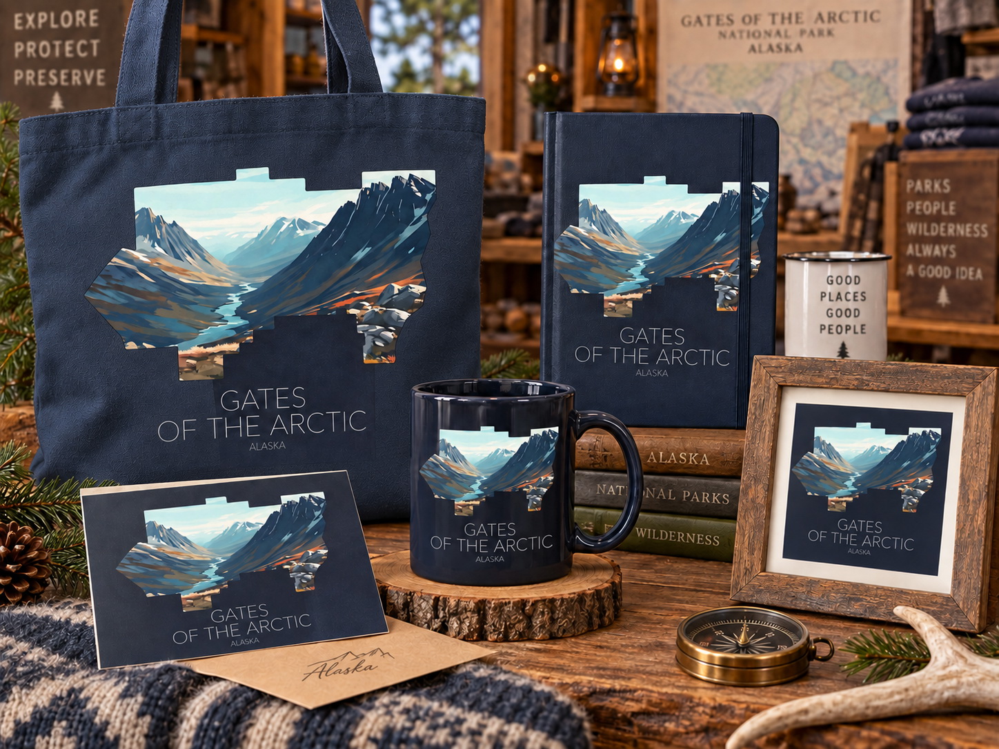 Gates of the Arctic National Park artwork applied to merchandise for a gift shop collection