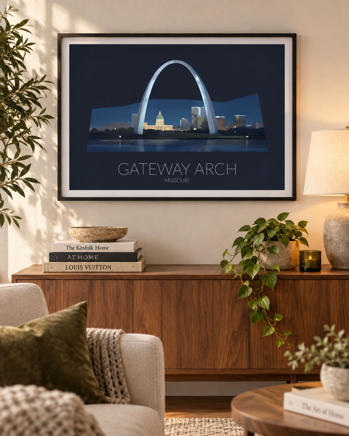 Gateway Arch National Park artwork displayed as framed wall art in a home interior