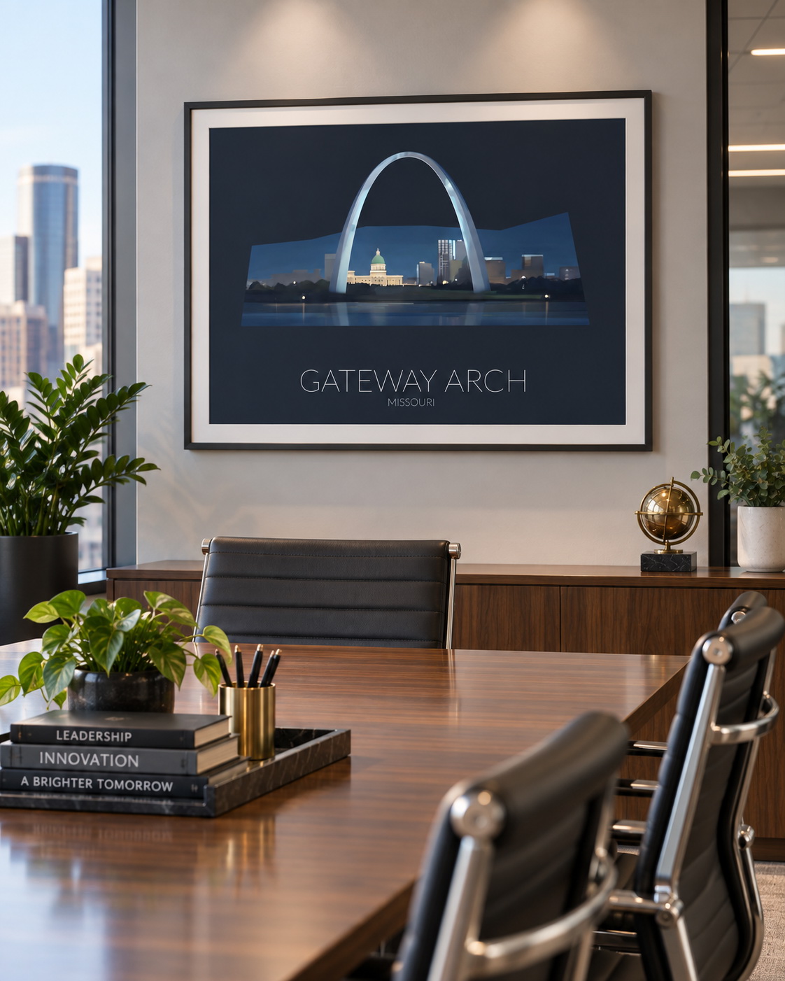 Gateway Arch National Park artwork displayed in a commercial interior