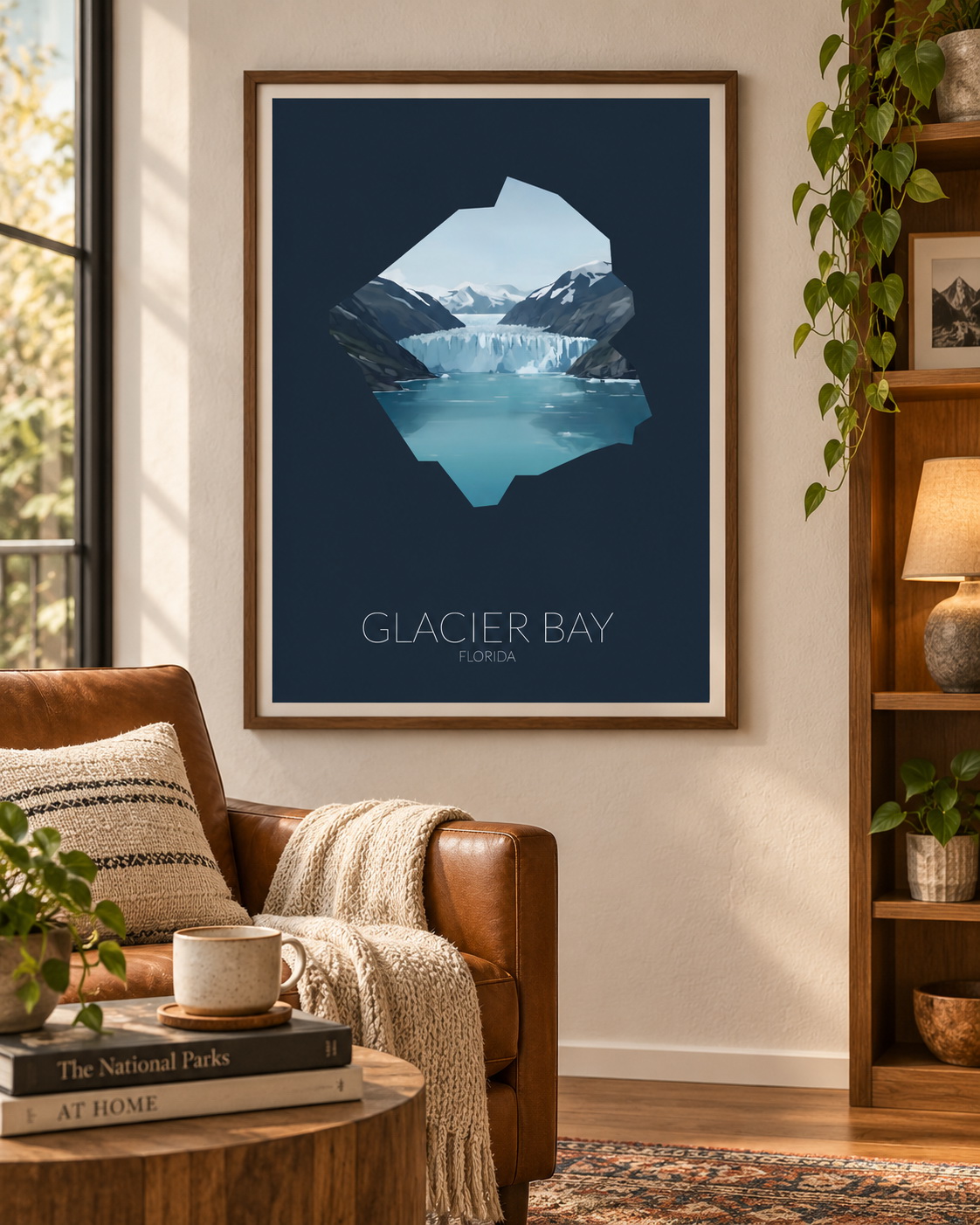 Glacier Bay National Park artwork displayed as framed wall art in a home interior