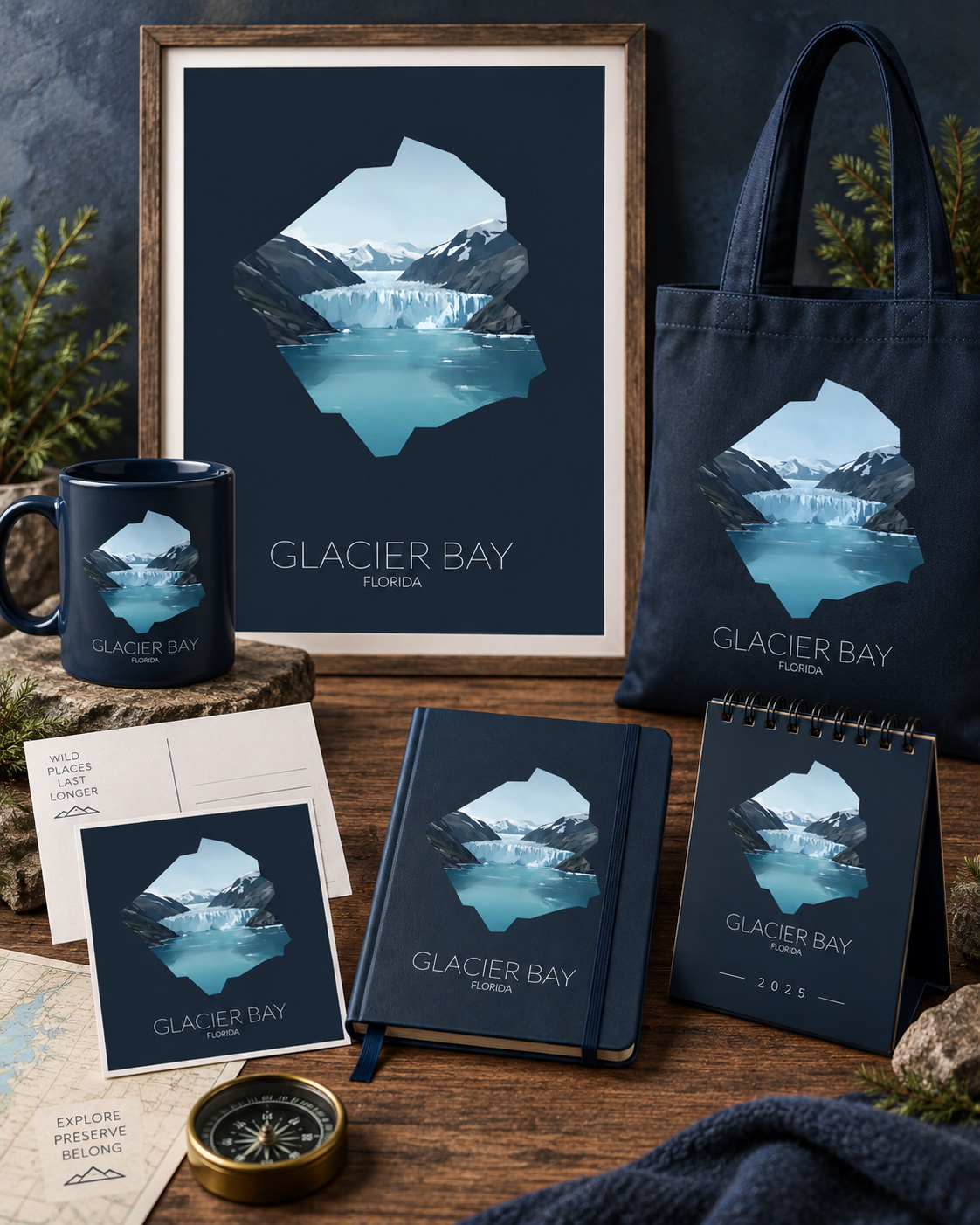 Glacier Bay National Park artwork applied to merchandise for a gift shop collection