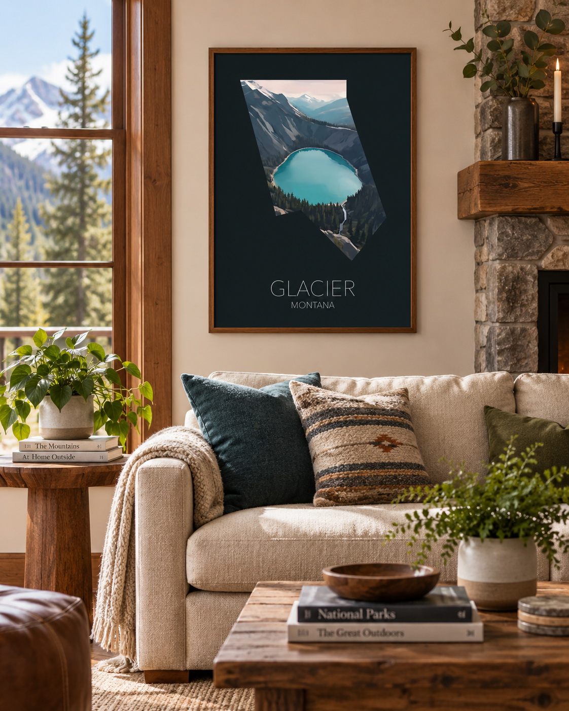 Glacier National Park artwork displayed as framed wall art in a home interior
