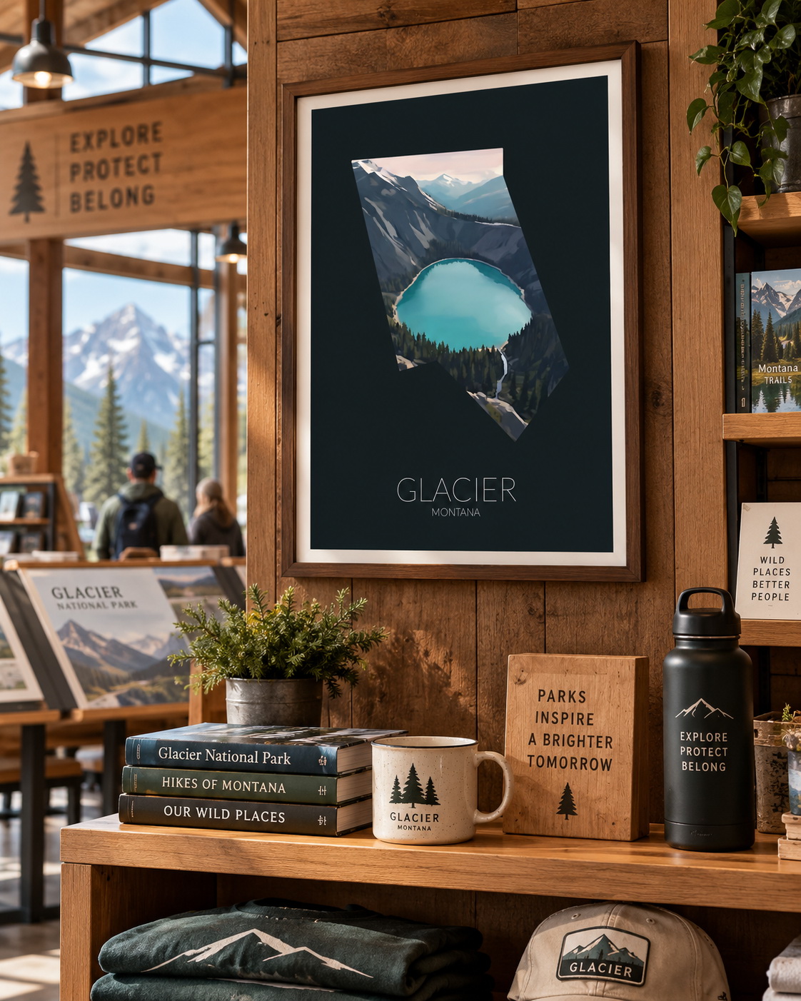 Glacier National Park artwork displayed in a commercial interior