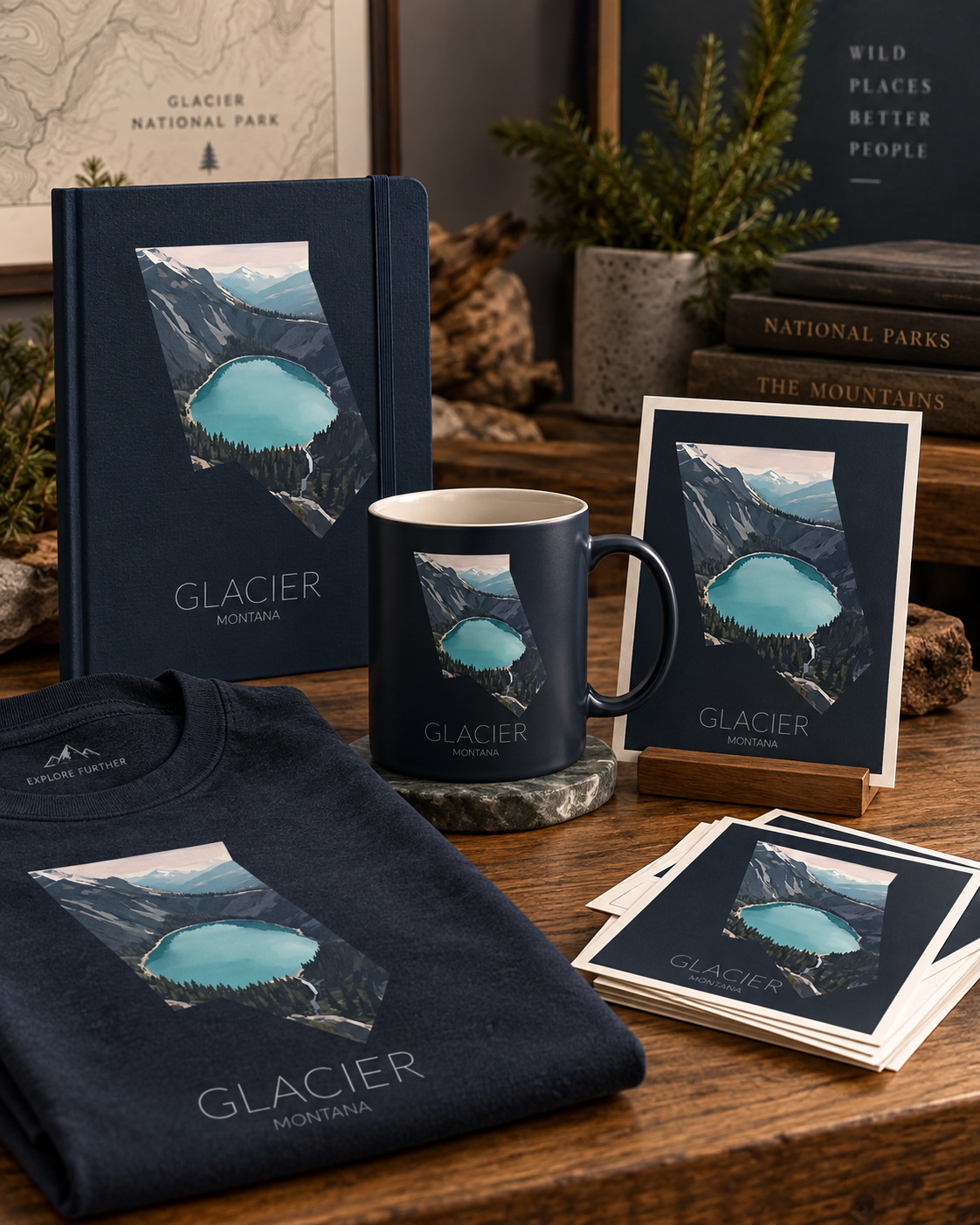 Glacier National Park artwork applied to merchandise for a gift shop collection