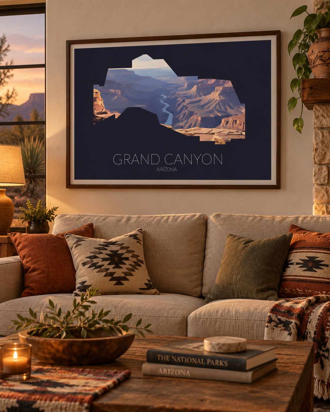 Grand Canyon National Park artwork displayed as framed wall art in a home interior