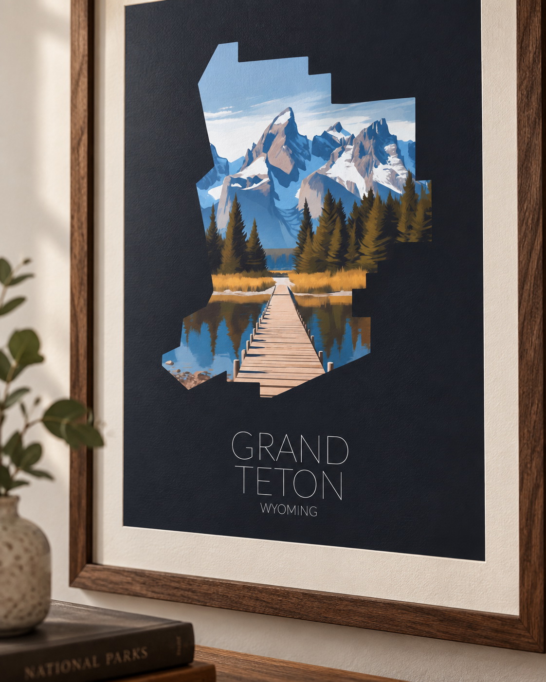 Grand Teton National Park artwork displayed as framed wall art in a home interior