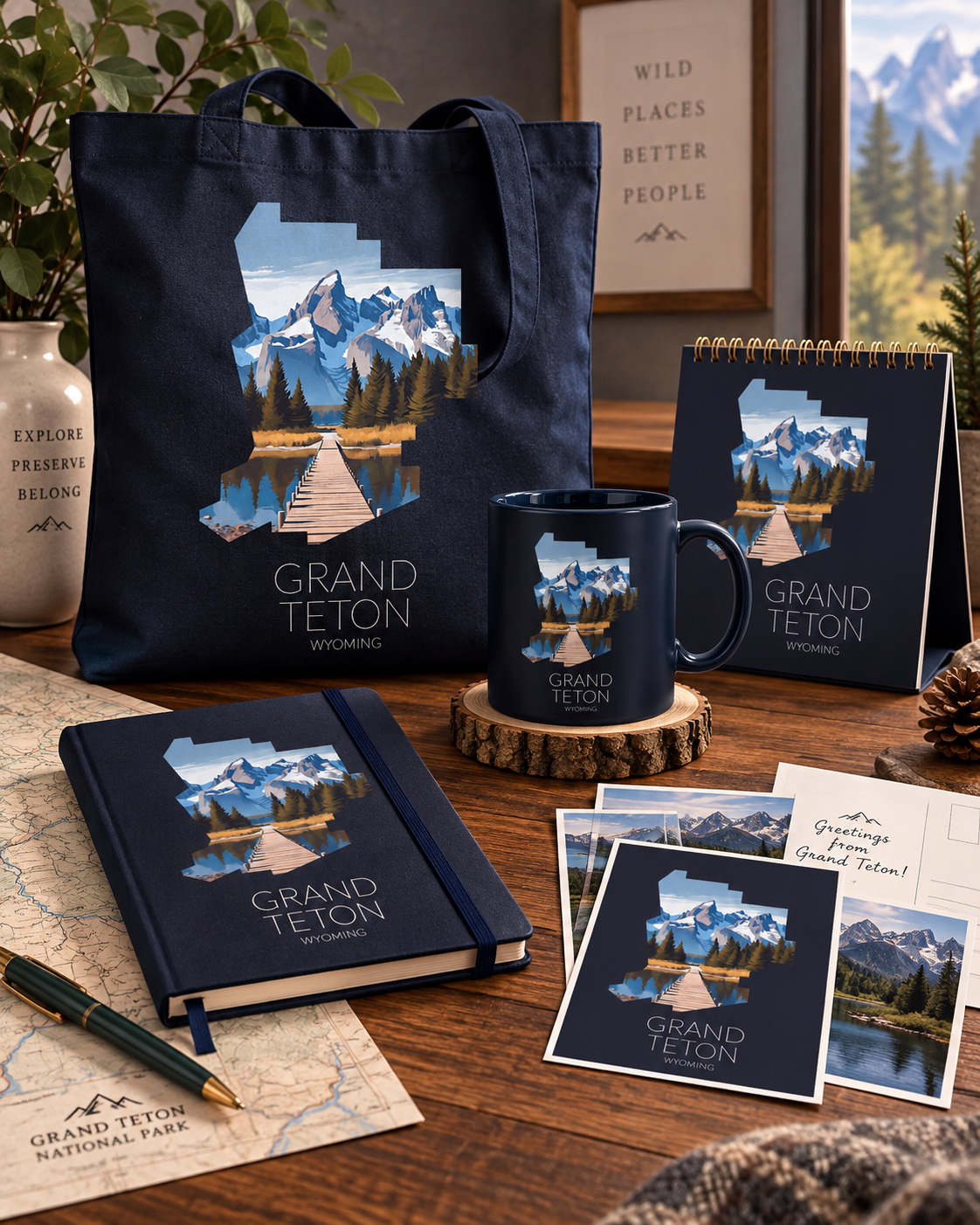 Grand Teton National Park artwork applied to merchandise for a gift shop collection
