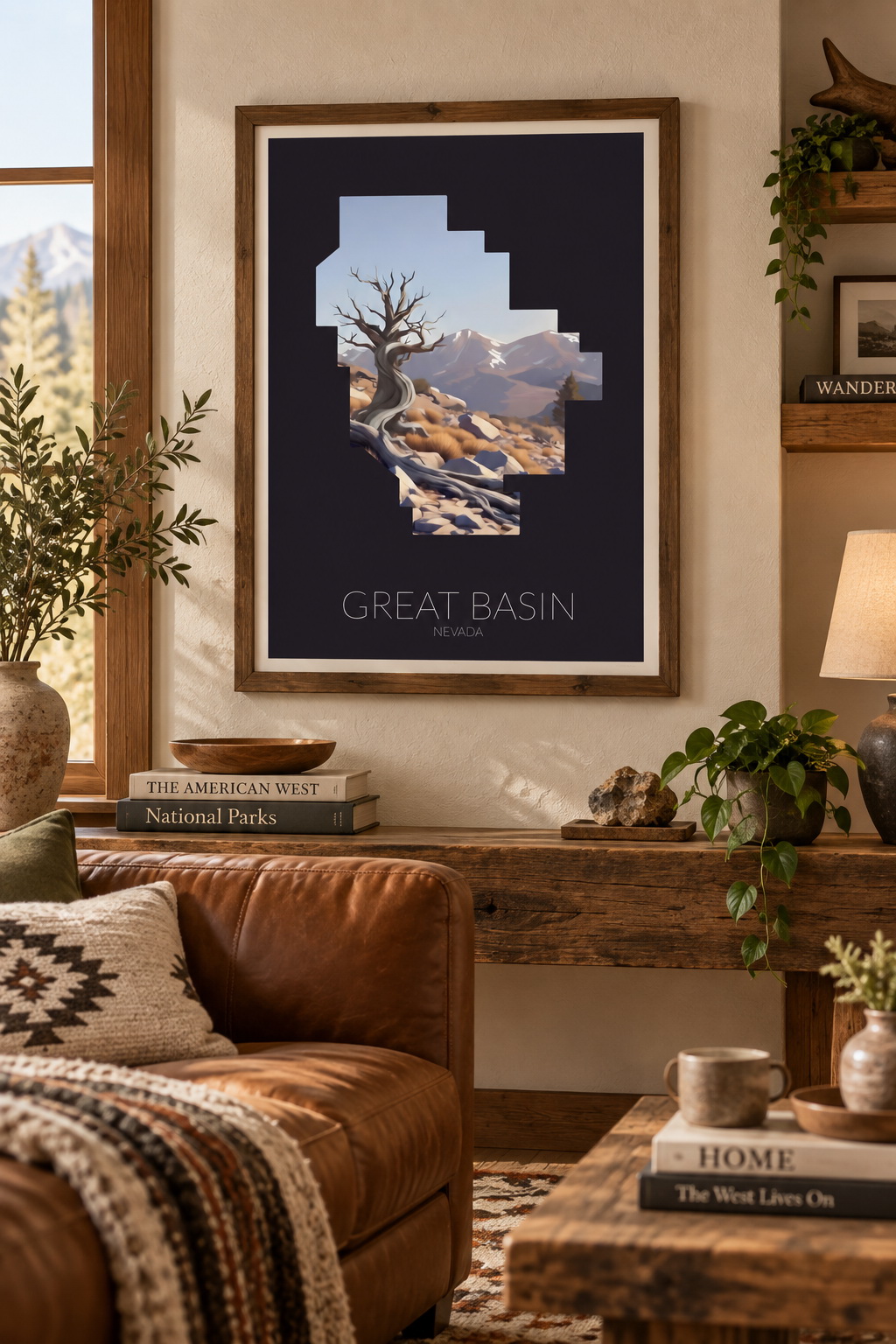 Great Basin National Park artwork displayed as framed wall art in a home interior