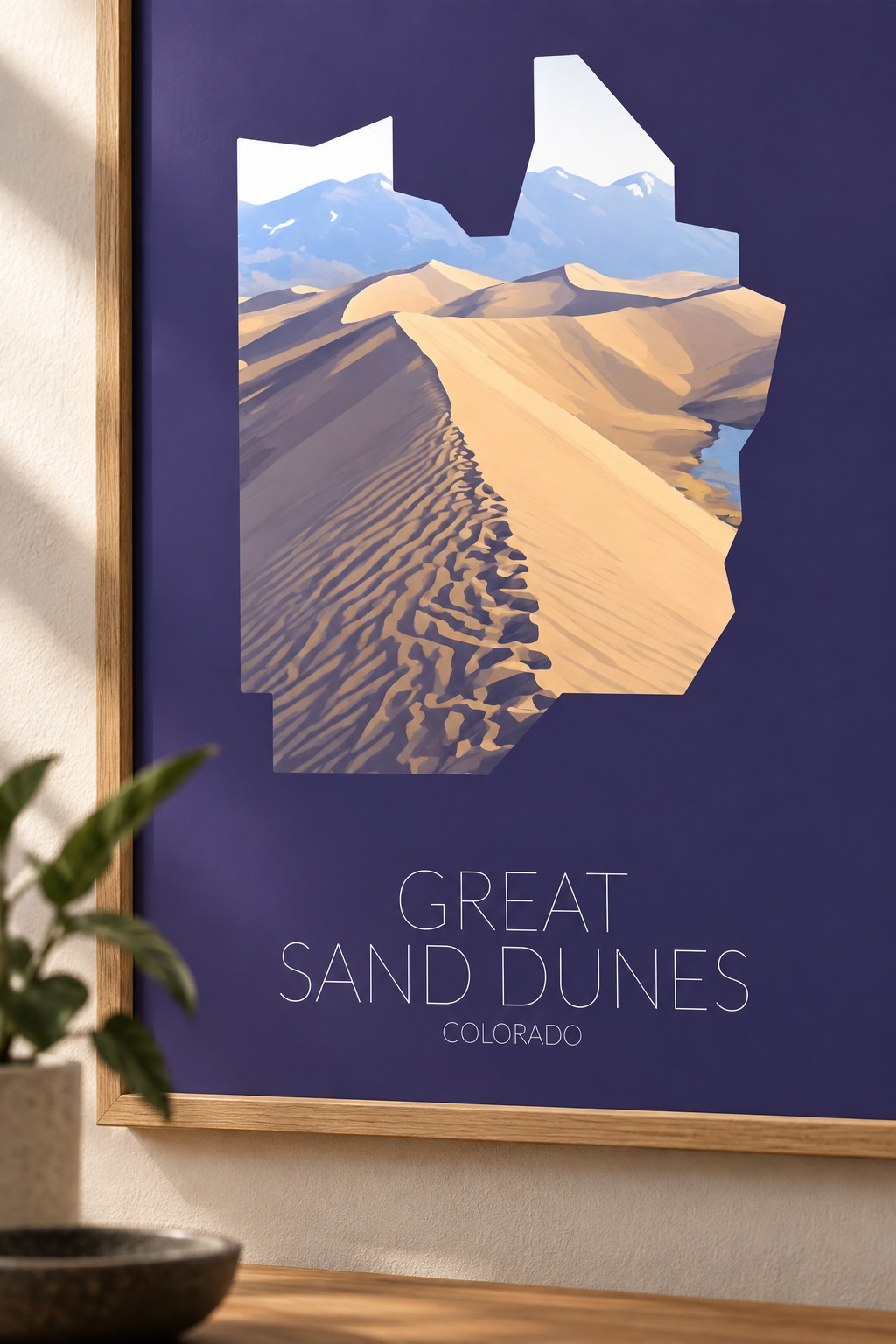 Great Sand Dunes National Park artwork displayed as framed wall art in a home interior