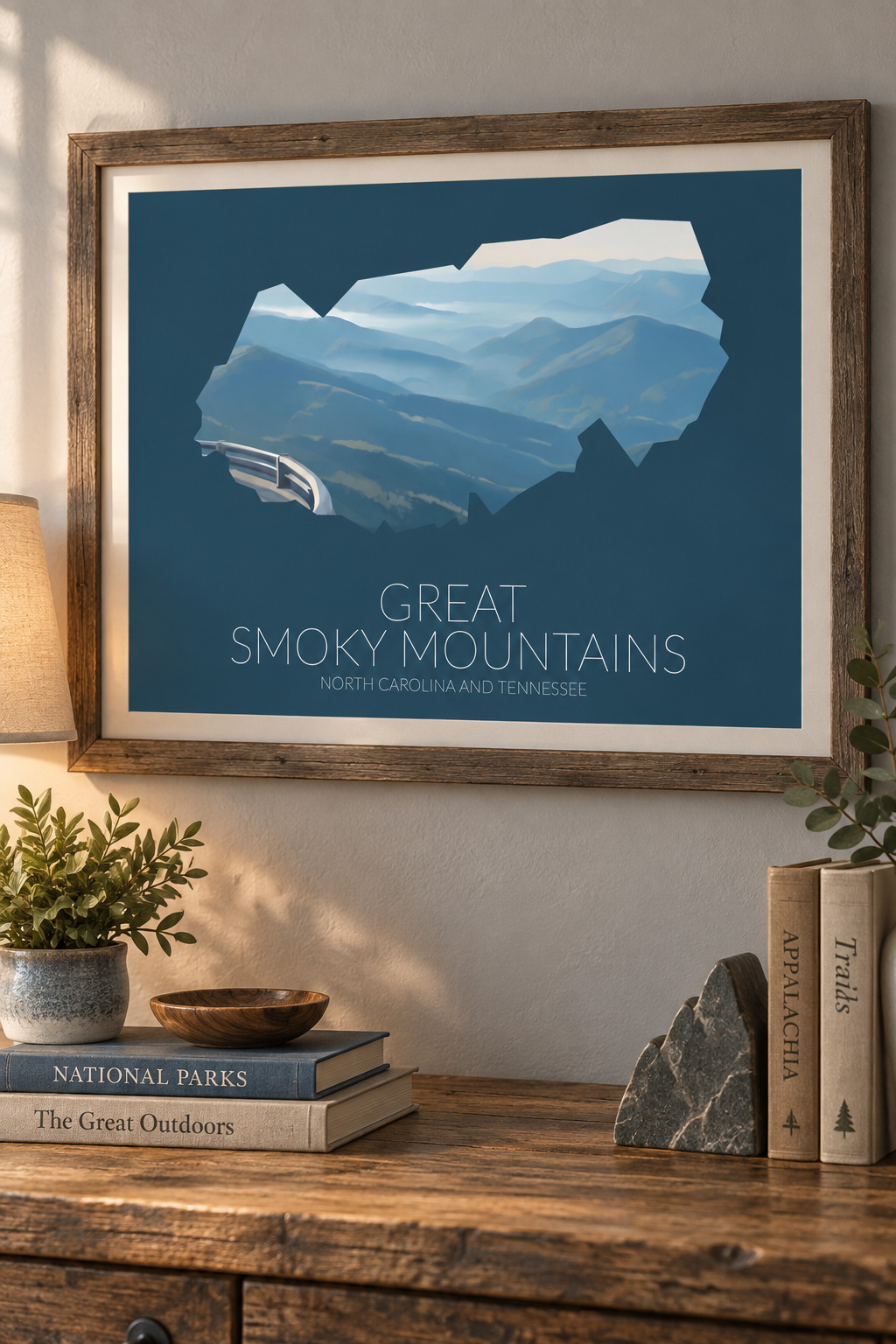Great Smoky Mountains National Park artwork displayed as framed wall art in a home interior