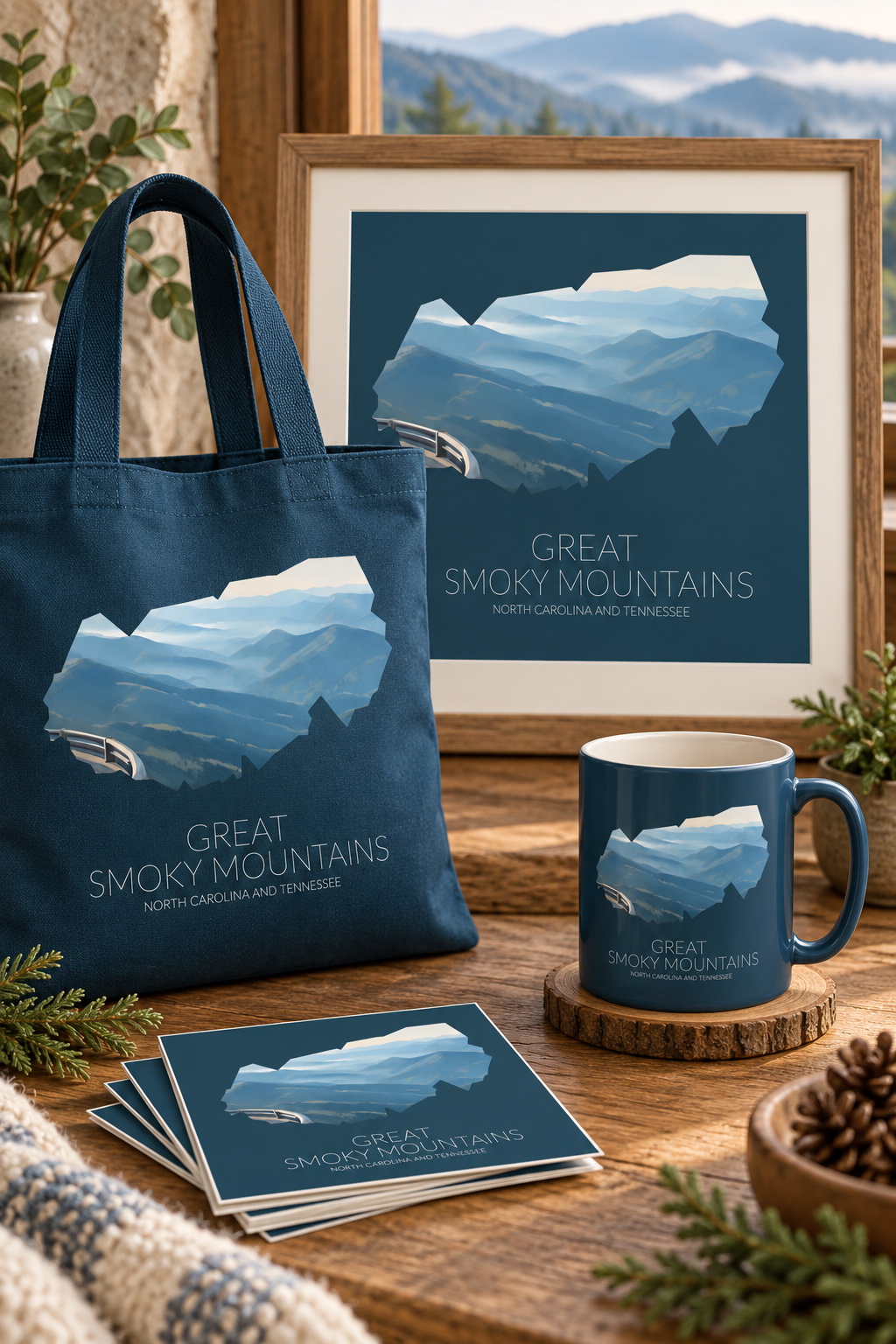 Great Smoky Mountains National Park artwork applied to merchandise for a gift shop collection
