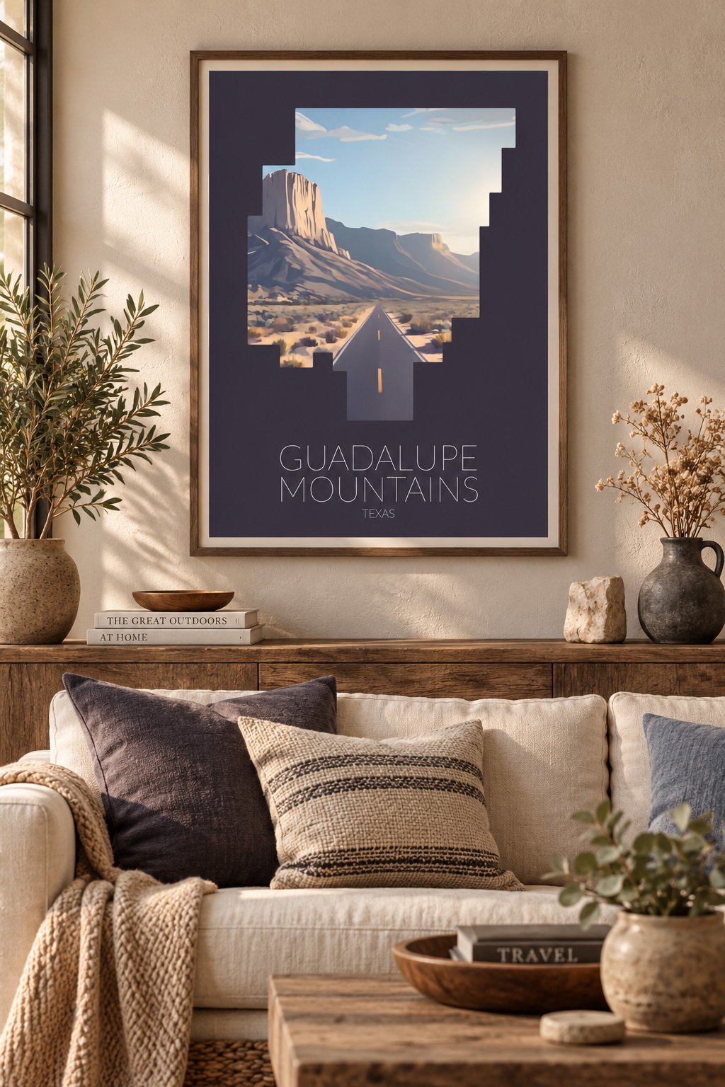 Guadalupe Mountains National Park artwork displayed as framed wall art in a home interior