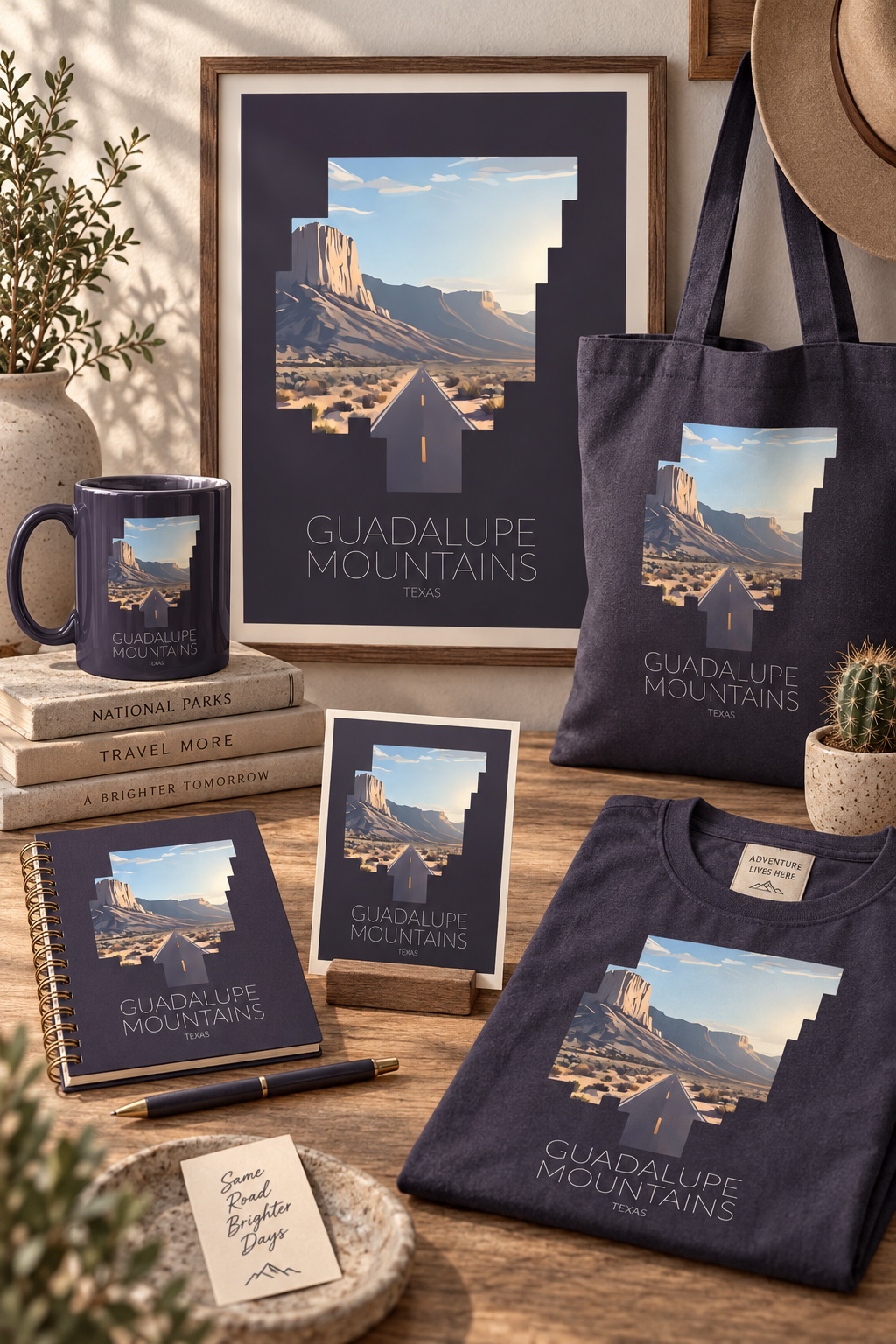 Guadalupe Mountains National Park artwork applied to merchandise for a gift shop collection