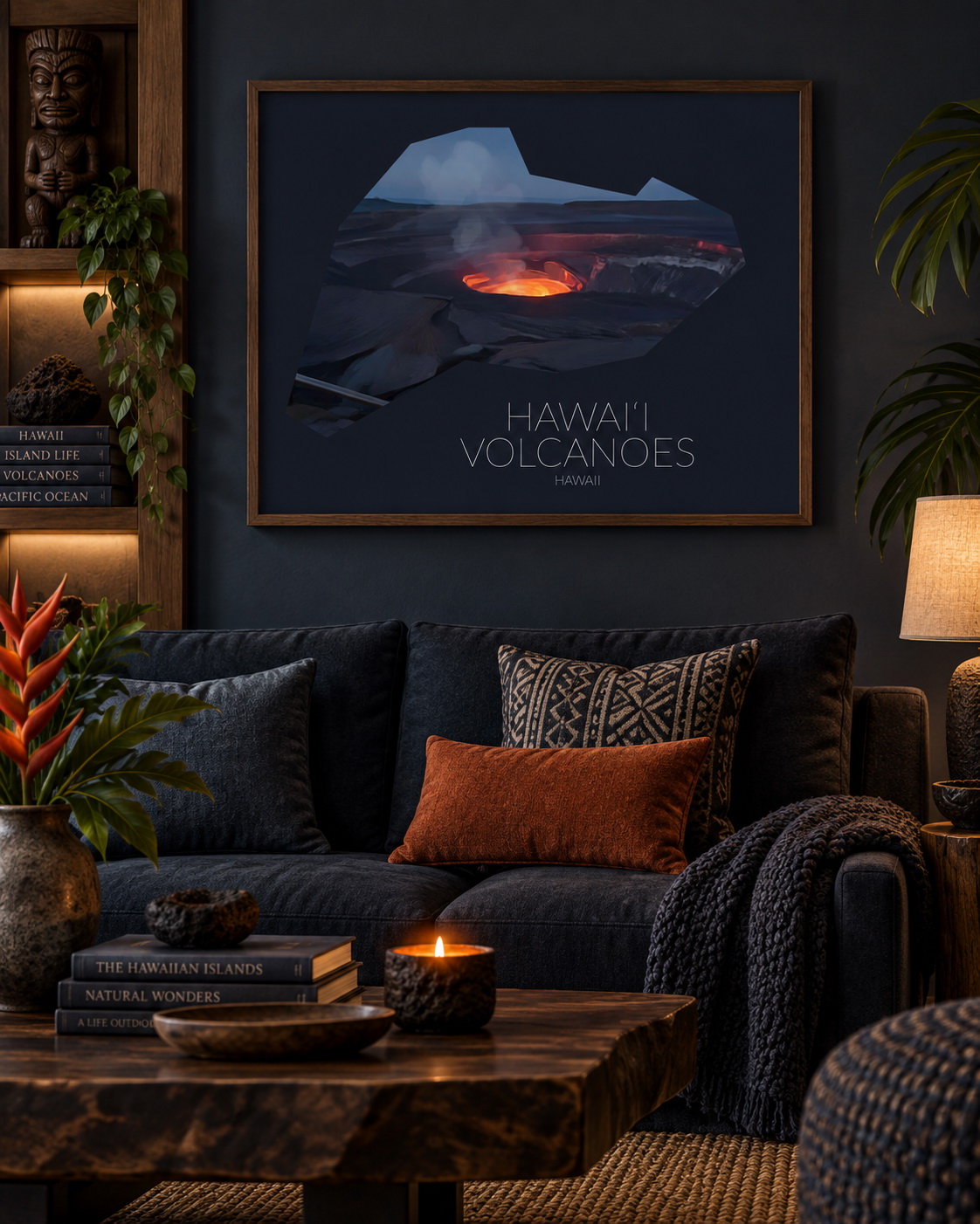 Hawai‘i Volcanoes National Park artwork displayed as framed wall art in a home interior