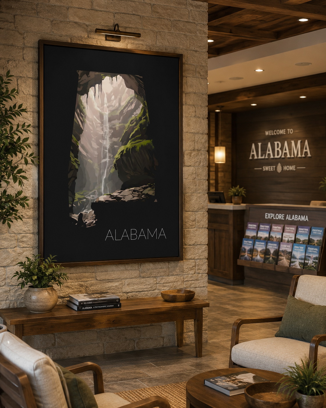 Alabama state artwork framed in a residential living room interior