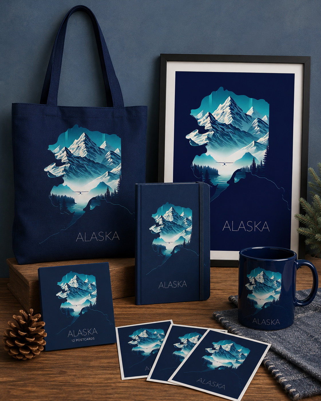 Alaska state artwork applied to tote bag, mug, notebook, postcards and framed print merchandise
