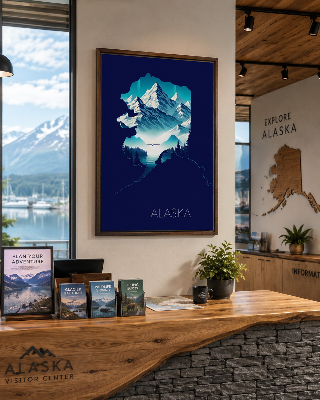 Alaska state artwork displayed in a visitor center travel information space