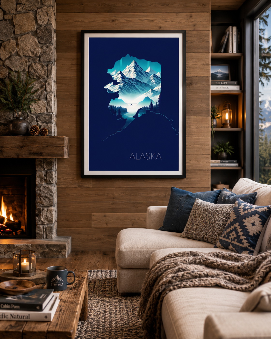 Alaska state artwork framed in a cozy mountain cabin living room