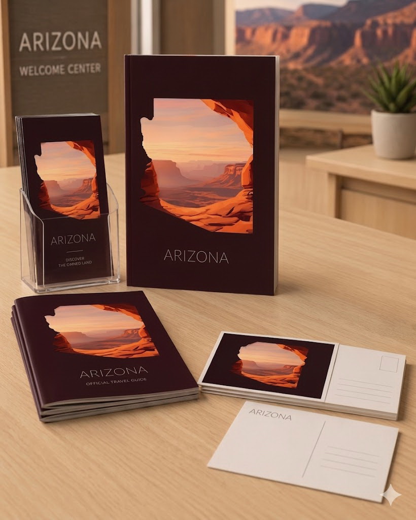 Arizona state artwork used on travel brochures, postcards and visitor center print materials