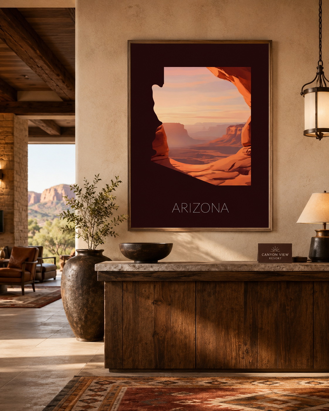 Arizona state artwork displayed in a warm desert resort lobby interior