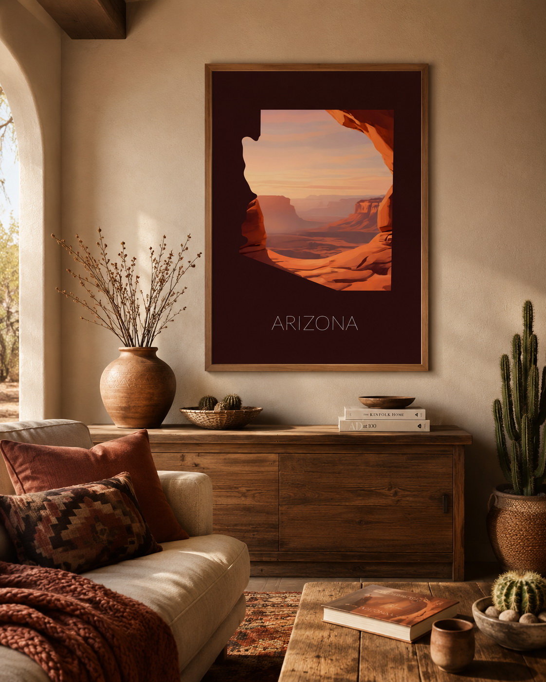 Arizona state artwork framed in a Southwest home interior with desert decor