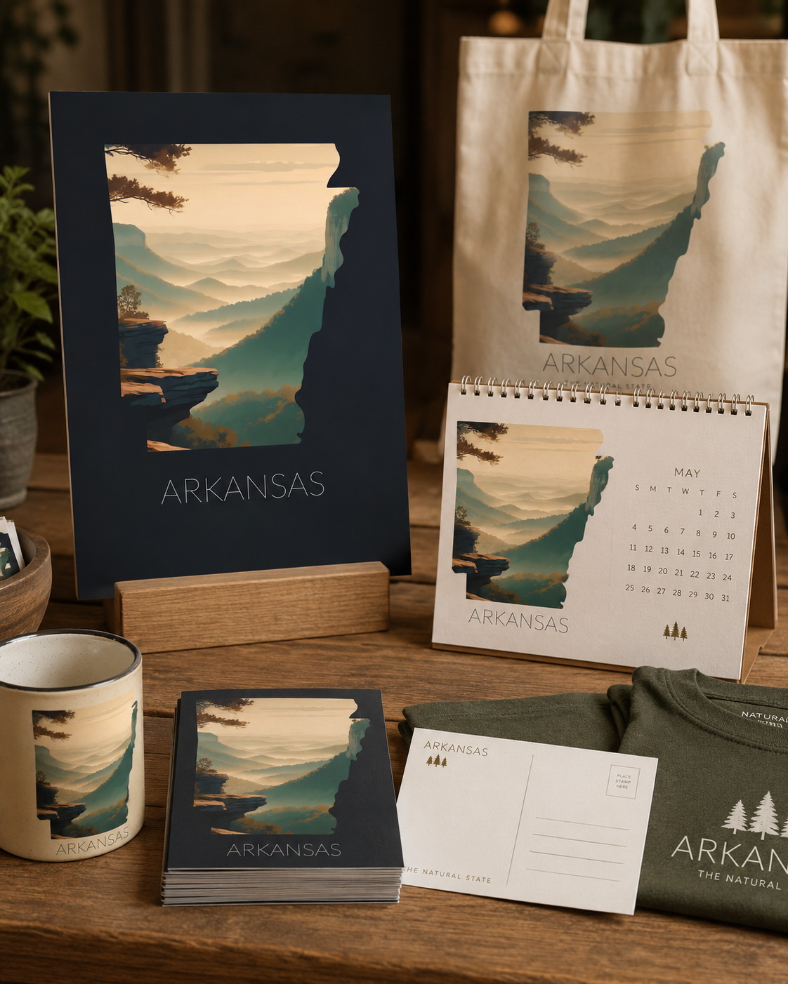 Arkansas state artwork applied to tote bag, mug, calendar, postcard, guide cover and gift shop merchandise